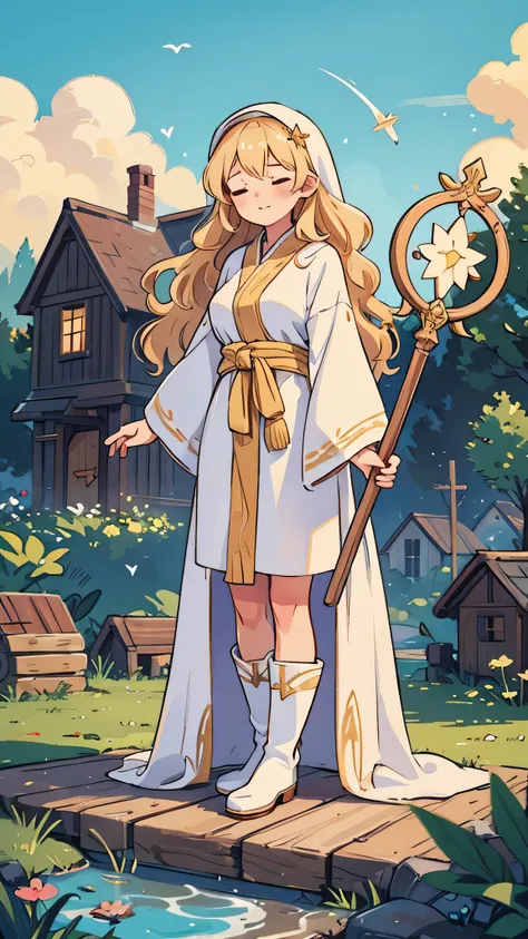 a woman in a village, on knees, hands clasped together, casting healing magic, modest breasts, white cleric robes, white boots, wooden staff, wavy blonde hair, closed eyes