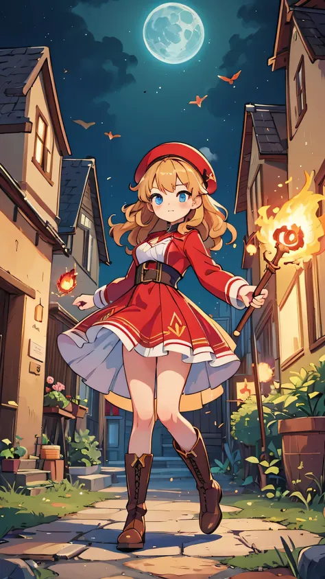 a woman in a village, casting fireball spell, modest breasts, red magical girl dress, red beret and boots, wooden staff, wavy blonde hair, blue eyes