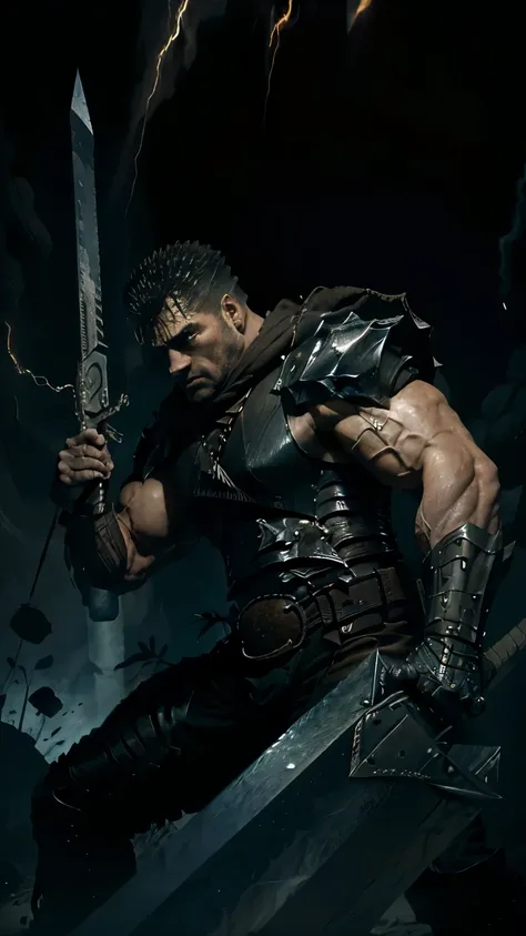 a warrior in black wielding a giant sword, short hair, big muscular man. angry eyes, the most natural and amazing movements. the...