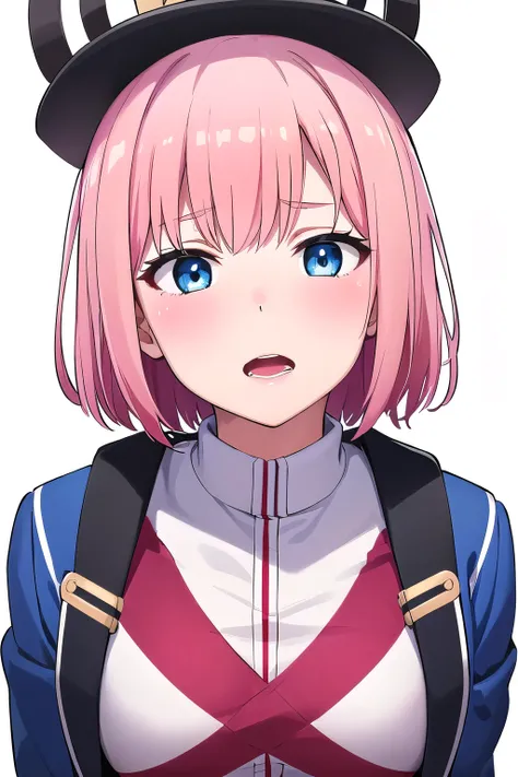 girl,boyish, very short hair, pink Hair, medium Breasts, kendo uniform,blush,sexy face,blue eyes,Tight fit,clearly,Striped pattern, (white background:1.3), aroused face, seiza