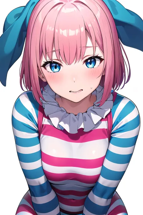 girl,boyish, very short hair, pink Hair, medium Breasts, glossy tight Clown Clothes,blush,sexy face,blue eyes,Tight fit,clearly,Striped pattern, (white background:1.3), aroused face, seiza, clown