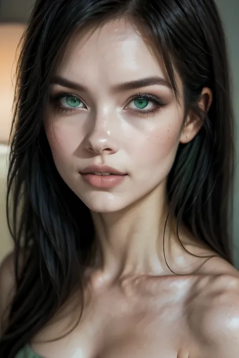 create an image of a confident woman exuding elegance and charm, with flowing hair and striking green eyes. she should be posed ...