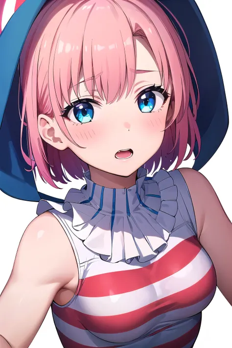 girl,boyish, very short hair, pink Hair, medium Breasts, glossy tight Clown Clothes,blush,sexy face,blue eyes,Tight fit,clearly,Striped pattern, (white background:1.3), aroused face, seiza, Clown Makeup