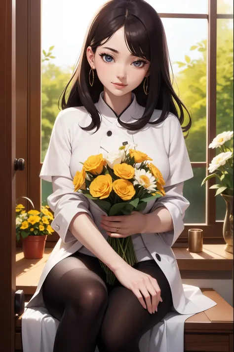 A close-up of a woman holding a vase of flowers, with flowers, magazine photo, Directed by: Ayami Kojima, official art, Jinyoung Canela, with flowers congeladas ao seu redor, by Ni Tian, dilraba dilmurat, Jaeyeon Nam, first wave, Hwang SE-EM, mackenzie foy...