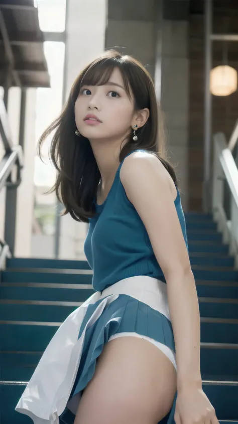 Highest quality、Best image quality、8k、Highest Resolution、masterpiece, Like a scene from a movie, Girl climbing the stairs at the station, Beauty, Light brown hair, Straight Hair, Cross bangs, expressive hair, Shiny Hair, Earrings, university student, ((I h...