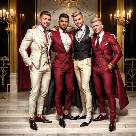 realistic photo, full view full body, three different high-end white european dapper gay guys , with dapper undercut haircuts, h...