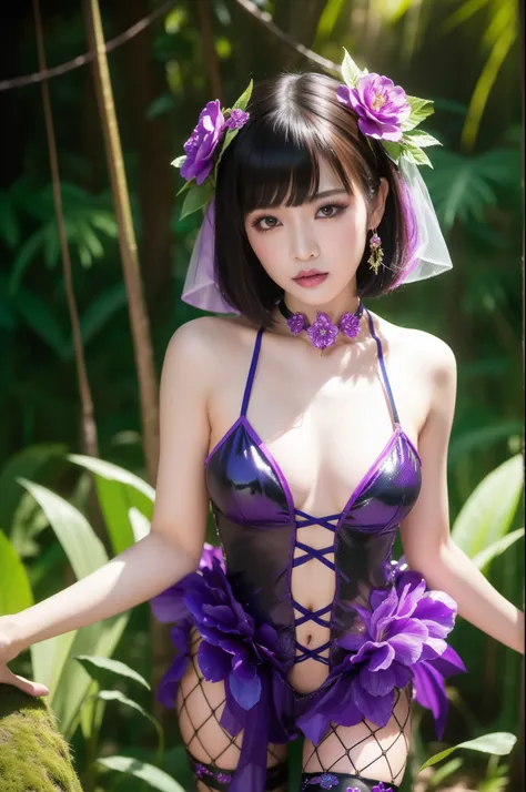 (nsfw)、sexy Thai model who controls poison、lipgloss、dramatic makeup、look at the camera、full body Esbian、、sparkling poisoned enchanted flower costume、、、、shiny sparkling colorful short hair、secrete poison、skull hair accessories、fishnet tights、shiny sparkling...