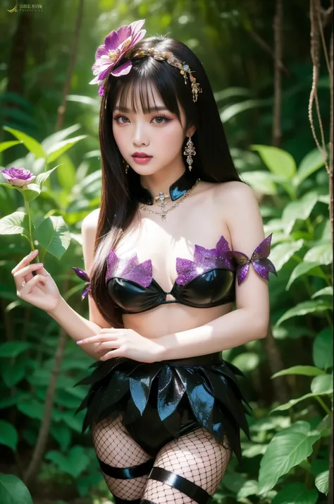 sexy Thai model who controls poison、lipgloss、dramatic makeup、look at the camera、full body Esbian、、sparkling poisoned enchanted flower costume、、、、shiny sparkling colorful short hair、secrete poison、skull hair accessories、fishnet tights、shiny sparkling dark m...