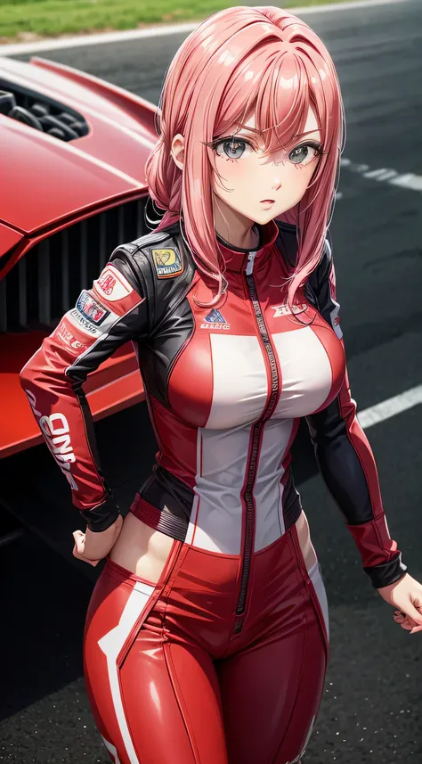 female racer in red racing suit stands in front of red racing car　pink hair　hanazono hakari　monza circuit　standing with arms cro...