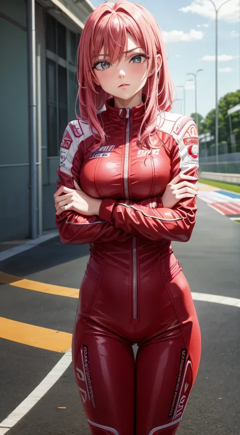 Female racer in red racing suit stands in front of red racing car　Pink Hair　Hanazono Hakari　Monza Circuit　Standing with arms crossed　Portraiture　Portrait