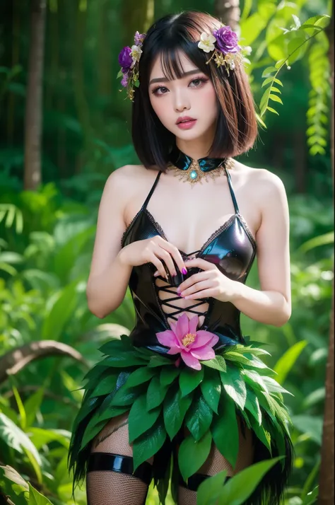 (nsfw)、sexy Thai model who controls poison、lipgloss、dramatic makeup、look at the camera、full body Esbian、、sparkling poisoned enchanted flower costume、、、、shiny sparkling colorful short hair、secrete poison、skull hair accessories、fishnet tights、shiny sparkling...