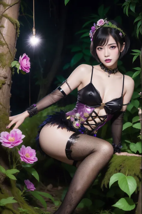 (nsfw)、sexy Thai model who controls poison、lipgloss、dramatic makeup、look at the camera、full body Esbian、、sparkling poisoned enchanted flower costume、、、、shiny sparkling colorful short hair、secrete poison、skull hair accessories、fishnet tights、shiny sparkling...