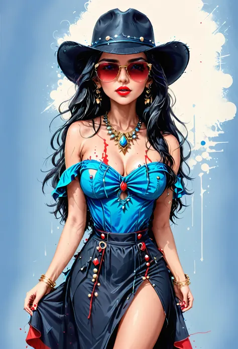 digital art, 1girl, solo, long_hair, black_hair, hat, dress, bare_shoulders, jewelry, medium_breasts, collarbone, cowboy_shot, e...