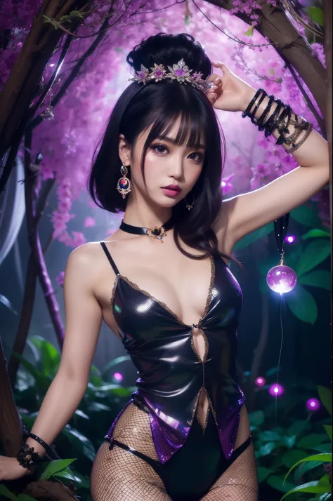 sexy Thai model who controls poison、lipgloss、dramatic makeup、look at the camera、full body Esbian、、sparkling poisoned enchanted flower costume、、、、shiny sparkling colorful short hair、secrete poison、skull hair accessories、fishnet tights、shiny sparkling dark m...