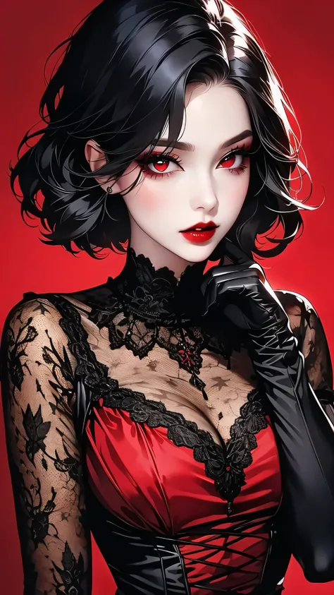 in love with the viewer,1girl, black colored hair, red eyes, solo, lace, red lips, lace trim, lace-trimmed dress, elbow gloves, gloves, upper body, short hair, makeup, looking at viewer, vampire, red background,  lips, lipstick