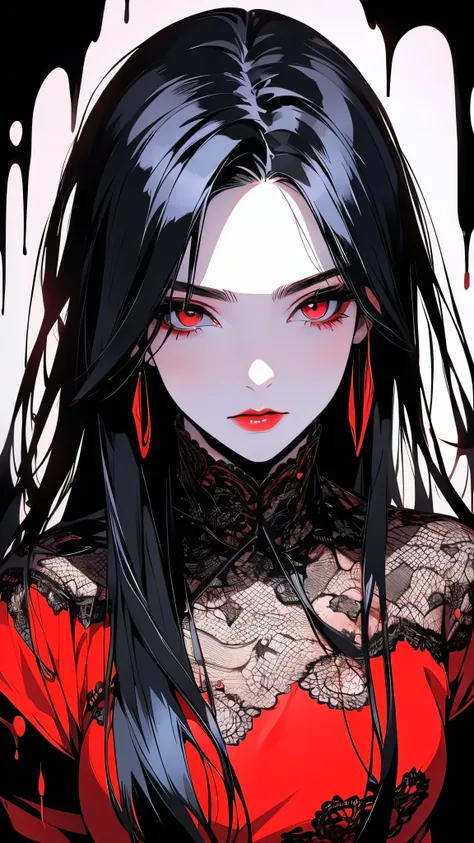 a beautiful vampire girl with black hair and red eyes, wearing a lace-trimmed red dress and elbow gloves, looking directly at th...