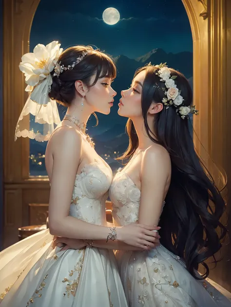 (masterpiece, highest quality, official art, beauty and aesthetic:1.5), perfect anatomy, two stunning bride is deeply in love with each other, kiss, romantic atmosphere, flower and moon, magnificent panorama view