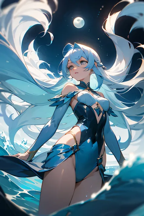  to a stunning anime girl, dressed as a water goddess, with a light blue outfit that flows with elegance and grace. Her hair is long and silky, of a silvery blue, with flashes that seem to capture the moonlight. Her hair falls in soft waves to her waist., ...