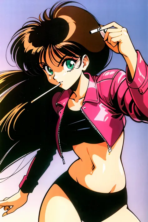 1990s (style), 1980s (style), retro artstyle, girl, Long black hair, Green Eyes, Mean face, Wavy Hair, Healthy Body, leather jacket，Holding a cigarette，Highest quality, masterpiece.