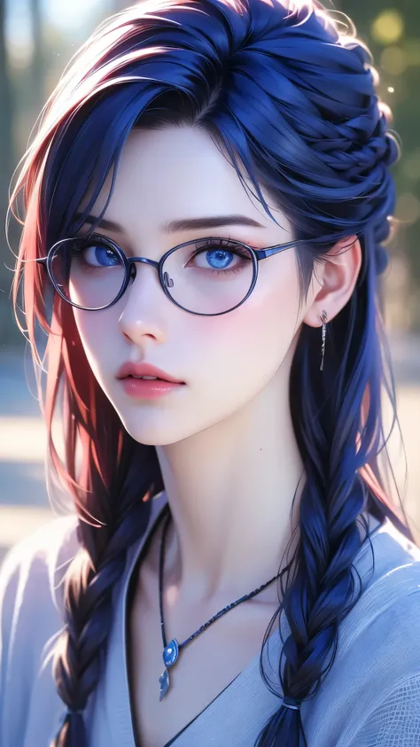 1girl, solo, glasses, long hair, choker, necklace, pendant, parted lips, braid, lips, blue with red hair, looking at viewer, round eyewear, extremely detailed eyes and face, beautiful detailed eyes, beautiful detailed lips, longeyelashes, realistic, photor...