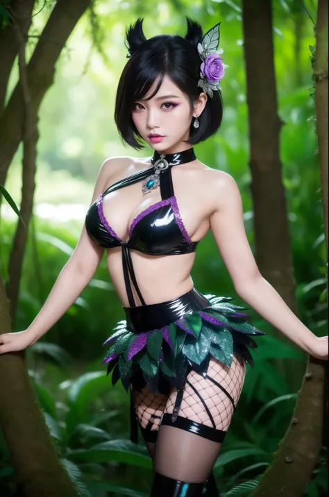 sexy Thai model who controls poison、lipgloss、dramatic makeup、look at the camera、full body Esbian、、sparkling poisoned enchanted flower costume、、、、shiny sparkling colorful short hair、secrete poison、skull hair accessories、fishnet tights、shiny sparkling dark m...