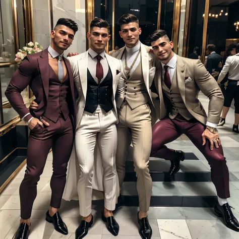 realistic photo, full view full body, three different high-end white european dapper gay guys , with dapper undercut haircuts, h...