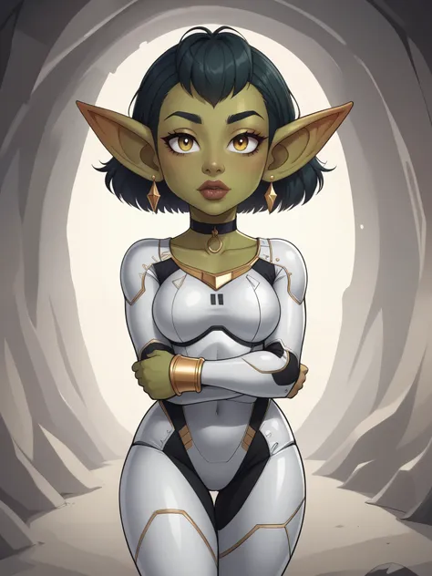 goblin girl. random eye color. dark green skin. very short hairstyle. choker. random lips color. iron suit. earrings. gold brace...