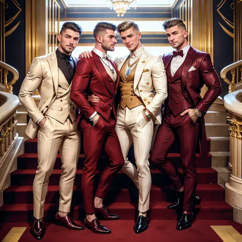 realistic photo, full view full body, three different high-end white european dapper gay guys , with dapper undercut haircuts, h...