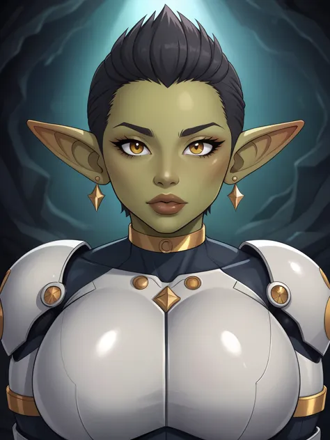 goblin girl. random eye color. dark green skin. very short hairstyle. choker. random lips color. iron suit. earrings. gold brace...