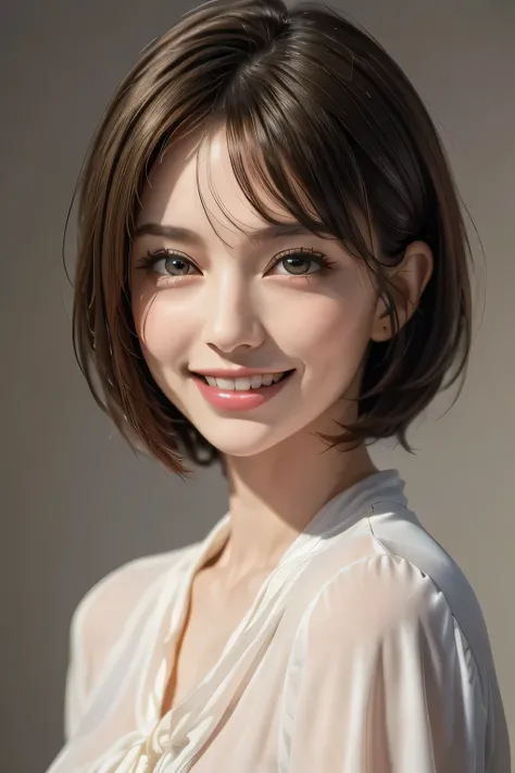 ((masterpiece)), ((Highest quality)), ((8k)), ((Surreal)), ((Realistic)), (mature), ((No classes)), Very detailed, (1 female), Beautiful and exquisite, (Beautiful Teeth), Grin, brunette pixie cut, Brown eyes, ((blouse)), (Upper Body), ((background:none)), ...