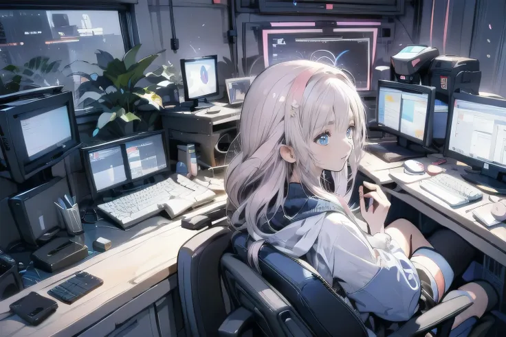 Relaxed pose, long straight hair, oversized black hoodie with blue and red futuristic details, black thigh-high socks, sitting in a high-tech control room, multiple monitors displaying data and graphics, dark interior with blue and pink neon lighting, look...