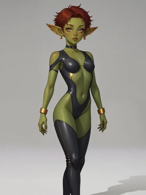 Goblin girl. random eye color. dark green skin. very short hairstyle. choker. random lips color. iron suit. earrings. gold bracelets. an underground ultra-modern shelter. small breasts. low height. slim body