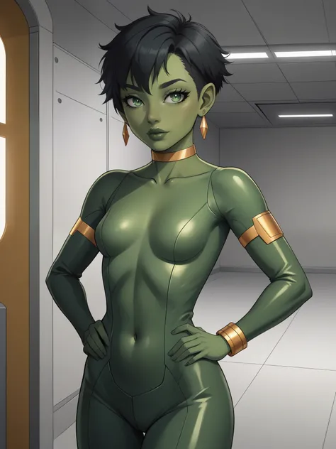 Goblin girl. random eye color. dark green skin. very short hairstyle. choker. random lips color. iron man suit. earrings. gold bracelets. an underground ultra-modern shelter. small breasts. low height. slim body