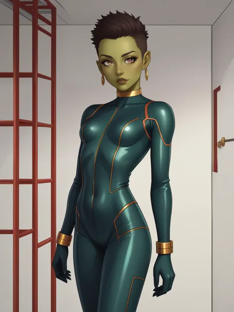 Goblin girl. random eye color. dark green skin. very short hairstyle. choker. random lips color. iron man suit. earrings. gold bracelets. an underground ultra-modern shelter. small breasts. low height. slim body