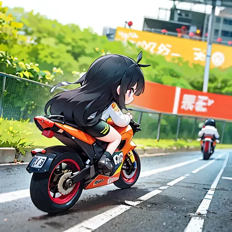 little mascot girl, rear view of a female racer racing on a road bike, black hair, semi-long, stylish, road bike racing, behind ...