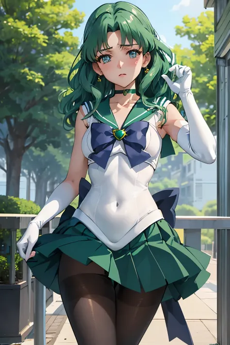 (Highest quality:1.2),  alone, One woman, sailor neptune, mature woman, small breasts, aqua eyes, dark green hair, medium hair、(blush:1.1), Embarrassing, View your viewers, sailor senshi uniform, chest bow, back bow, plead skirt, white elbow gloves, sailor...