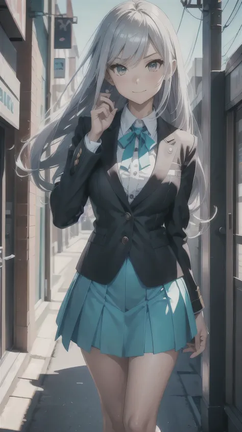 anatomically correct, longeyelashes, light smile, acurate, silver hair, long straight hair, brown eyes, anime, high school in background, dark navy tailored jacket with turquoise highlight on cuff and pocket edges, white dress shirt with turquoise ribbon, ...