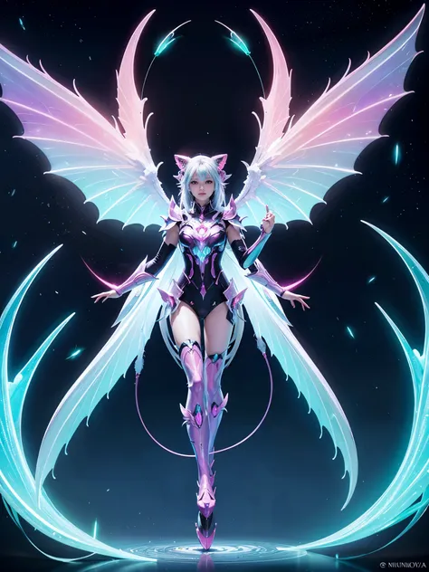 1girl, armor, wings, beautiful dragon, futuristic evolved nekomata, (neon glowing body), 2 tails, holographic, (the wings are sy...