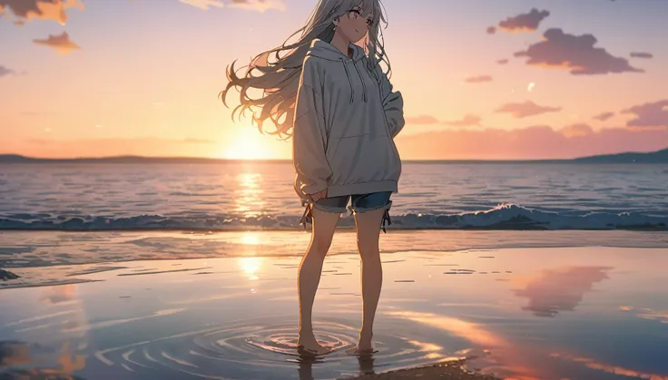 Masterpiece, Best quality, Movie still, One girl Teen character. Grey hair, glowing red eyes, long hair, mole under left eye, loose fitting hoodie, cropped pants, denim, sky reflected in ocean, mirror like water, reflective water, ankles visible, bare feet...