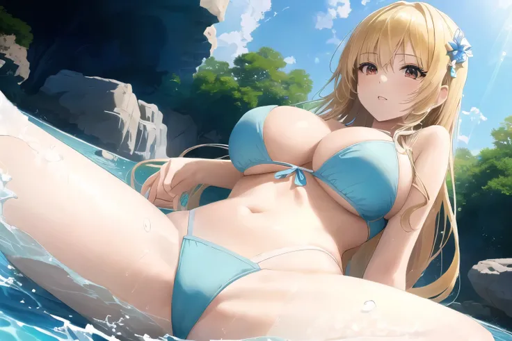 Woman in bikini sitting on rocks by pool, Enchanting anime girl, Wallpaper Anime Blue Water, artstation pixivでトレンド, wet Swimwear, High quality anime art, Beautiful and attractive anime teen, High-resolution anime art, Beautiful and attractive anime woman, ...