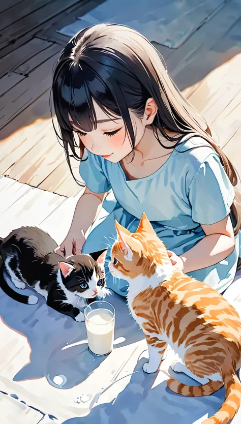 cute, cute猫とその子猫たち, mother cat feeding her kitten with milk, watercolor-style, gentle colors,subtle and dynamic textures, light ...