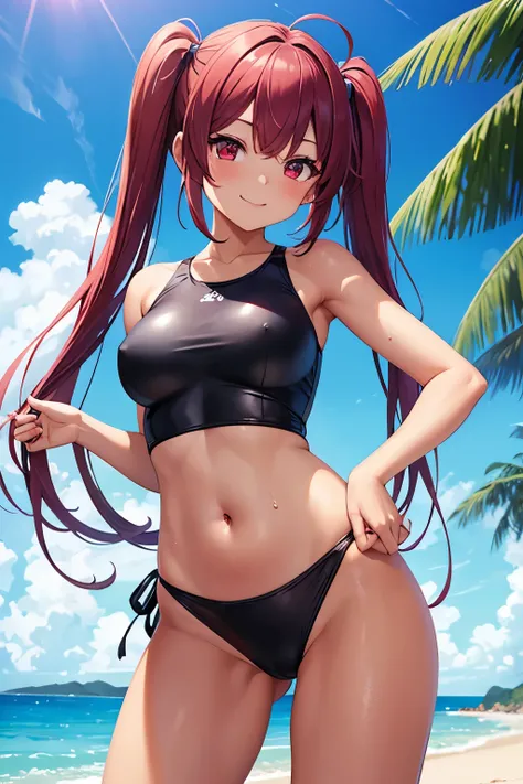 On a bright summer day, a girl with dark purple twin-tails smiles mischievously, her red eyes gleaming with playful intent. Her skin is beautifully tanned, though her stomach remains pale, where a one-piece swimsuit previously shielded her from the sun. Sh...