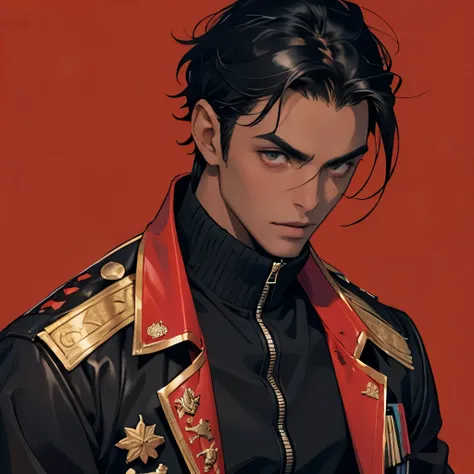 1 , best quality, face detailed, detailedeyes, Dark skin man, Bblack hair, medium hair, Eyes red, seriously, red jacket, black jersey, manga curta, muscular male, simple background