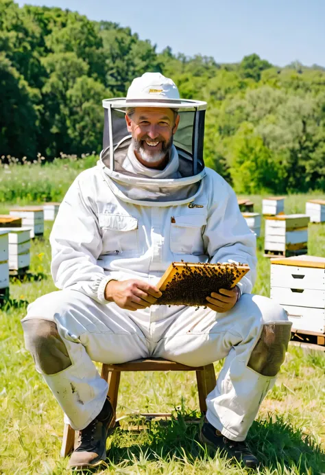 Beekeeper in white overalls sitting in therapy field with a hive of bees behind him.