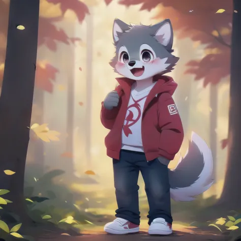 Silver Wolf, boy, alone, cuteness, blush, happy expression, Red Jacket, jeans, standing