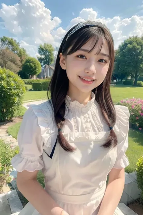 (8k, best quality, masterpiece:1.2), (realistic, photo-realistic:1.37), ultra-detailed, 1 girl, full body, solo, beautiful detailed sky, (smile:1.2), traditional maid, maid headdress, frilled apron, puffed sleeves, lace trim