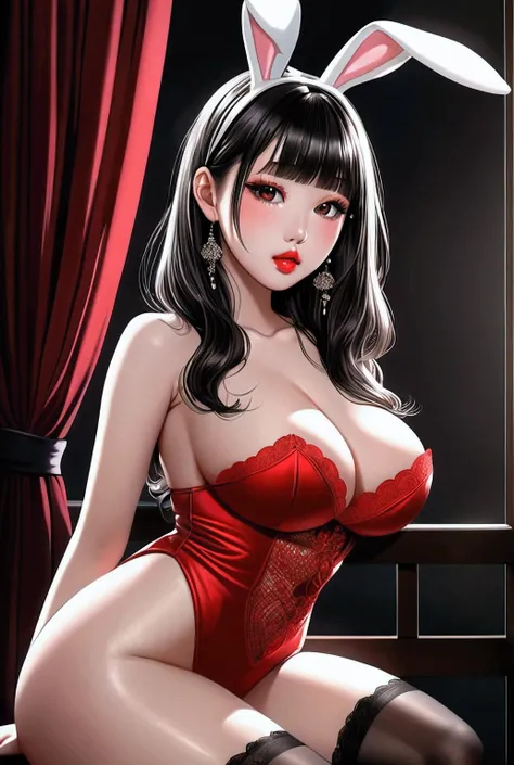 erotic young japanese models with slender curvy figures, bunny ears, 4k, ultra-detailed, vivid colors, dramatic lighting, intricate details, in a realistic illustration style with thin lines and black outlines, ulzzang, big eyes, full red lips, lookng at v...