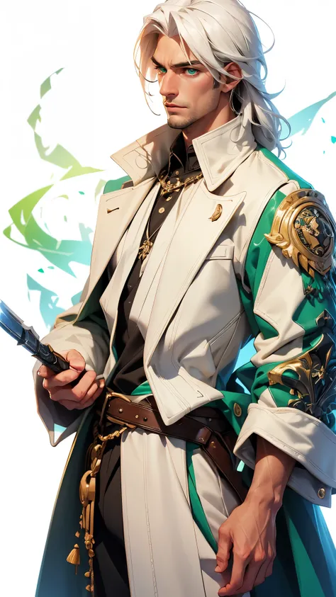 envision a 8k, highres, cinematic, detailed, semi realistic close up portrait of a handsome older man, a Tall large muscular body, sideburns, and shaggy white hair, Green eyes, Arurandesu, Holostars, Green blazer, white overcoat, pants, boots, gloves, (((1...