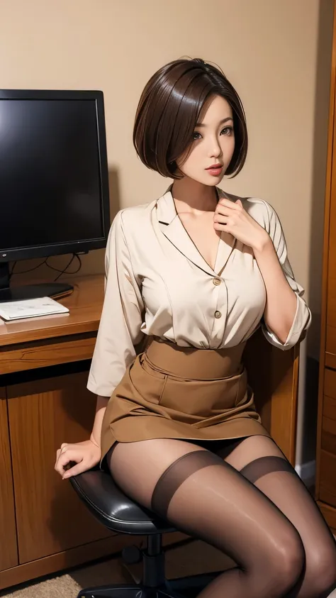 office, Japanese beauty sitting on a chair, short hair, Beautiful legs, High heel, Brown pantyhose, Mini skirt suit