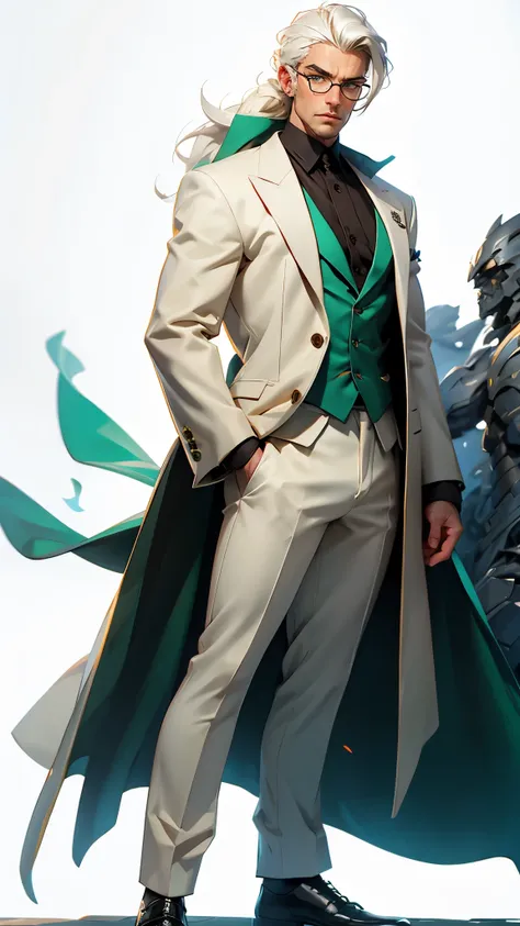 envision a 8k, highres, cinematic, detailed, semi realistic pinup of a handsome older man, a Tall large muscular body, sideburns, and shaggy white hair, Green eyes, Arurandesu, Holostars, Green blazer, glasses, white overcoat, pants, boots, gloves, (((1boy...